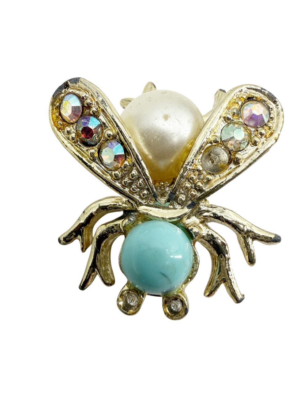 vintage aqua cabochon rhinestones gold Fly Bug BROOCH insect costume jewelry pin
